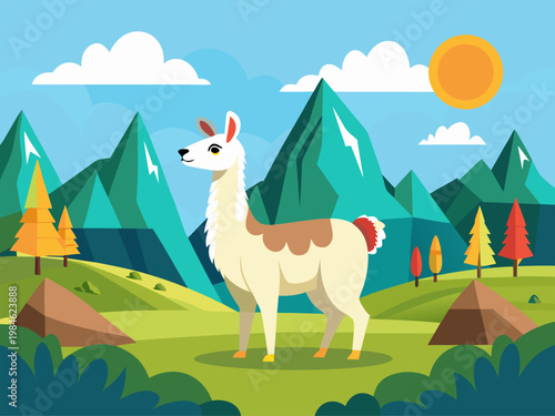 Colorful llama standing in stylized mountain landscape