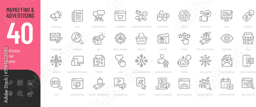Marketing and Advertising Line Editable Icons set. Vector illustration in a modern thin line style of business related icons: advertising campaign, e-commerce, brand, and more. 