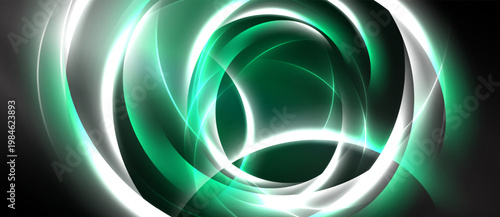 Abstract swirls, glowing lines create circular patterns. Dark background emphasizes bright green, white illumination. Modern design element.