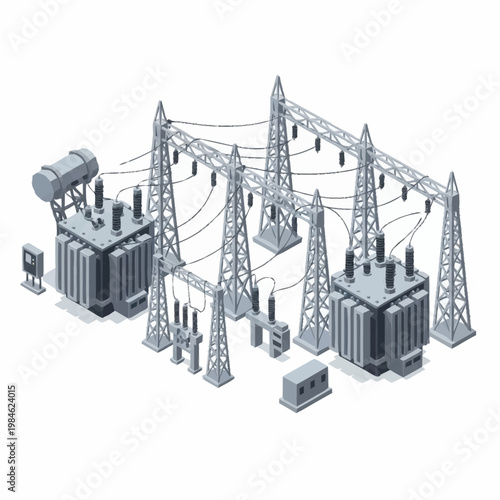 Electrical substation with transformers and power lines.