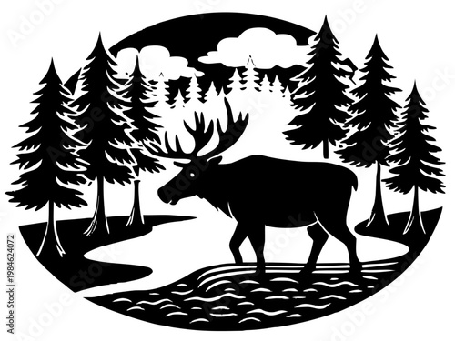 Moose standing by river in forested circular scene