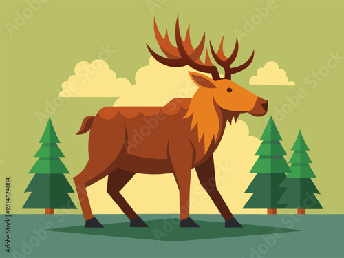 Illustrated elk walking in stylized pine forest landscape