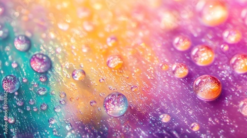 Colorful water droplets on vibrant surface, abstract background, nature macro