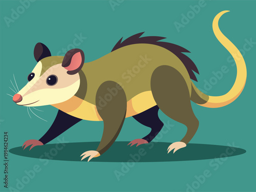 Opossum walking on ground against solid teal background