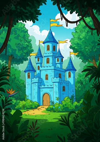 Enchanted Blue Castle in Lush Jungle