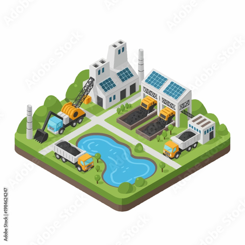 Industrial complex with trucks and cranes illustration.