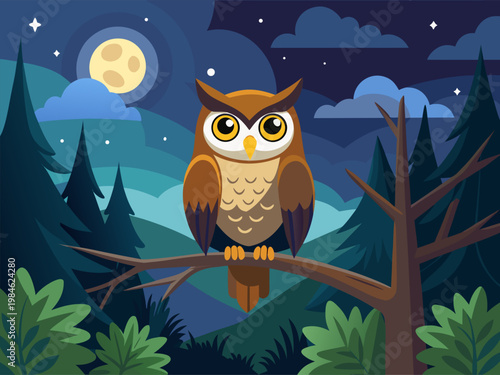 Brown owl perched on branch in moonlit mountain forest night scene