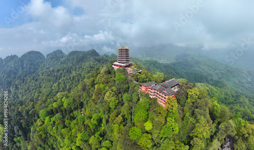 Aerial photo of Qingcheng Mountain, Dujiangyan Irrigation Project World Cultural Heritage, Chengdu, Sichuan