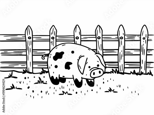 Pig grazing near wooden fence in grassy farmyard enclosure
