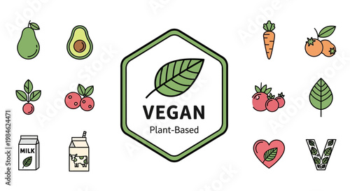 Vegan plant-based concept with fresh fruits, vegetables, and healthy lifestyle icons.