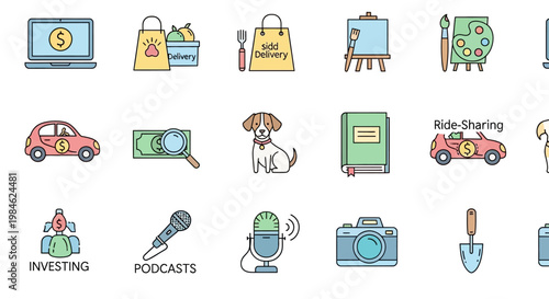 Set of colorful icons representing various lifestyle and leisure activities and objects.