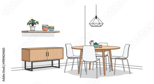 Bright dining area design features a round wooden table, four white chairs, a wooden sideboard, a wall shelf with a potted plant and bowls, all under a geometric pendant lamp.