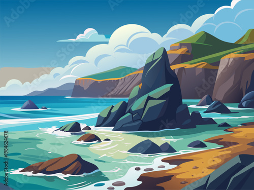 Seaside rocky outcrop with waves and coastal cliffs under clear sky