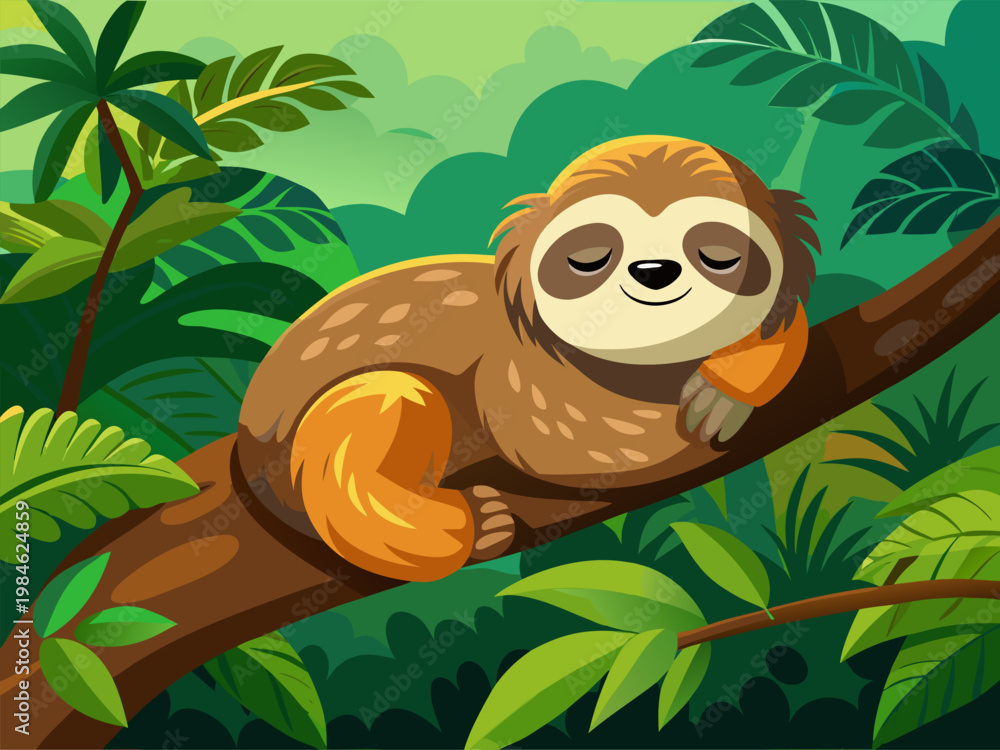Fototapeta premium Sloth resting on tree branch in dense green tropical jungle