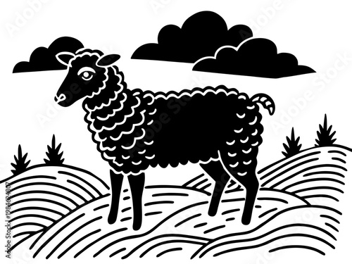 Single sheep standing on patterned hillside under clouds