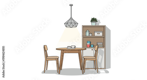 Charming dining area showcases a round wooden table, two chairs, and a wooden shelf-cabinet combination unit, illuminated by a contemporary geometric pendant lamp.