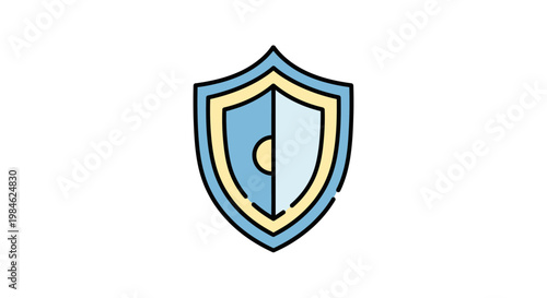 Stylized blue and yellow shield emblem with central circle design.