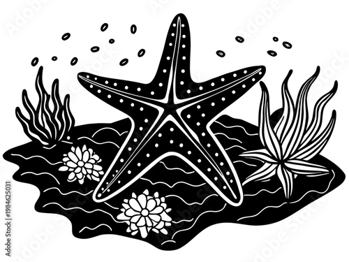 Starfish resting on seabed among seaweed and coral