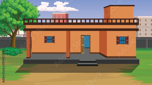 Grunge background illustrator a vibrant orange house with a flat roof and balcony in a serene suburban setting with green grass and trees