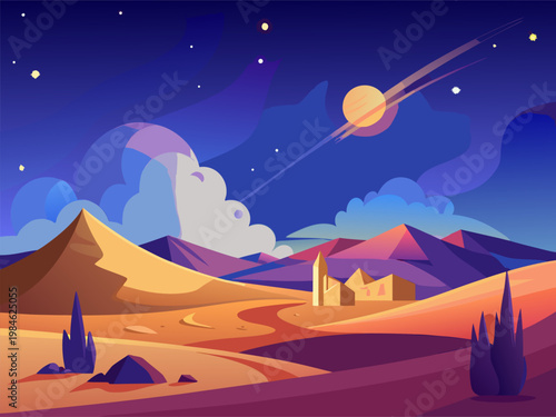 Desert dunes illuminated under night sky with planet