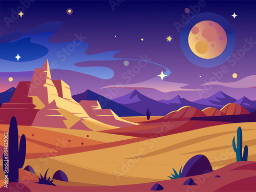 Desert canyon bathed in moonlight with cacti foreground