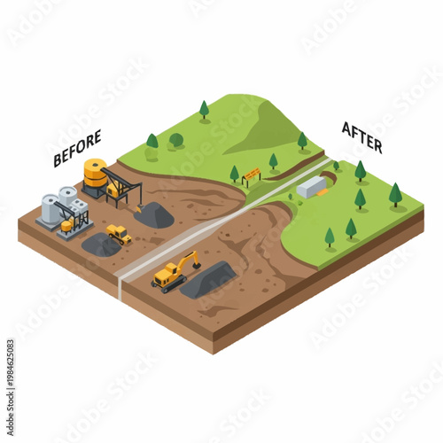Industrial mining site before and after environmental restoration illustration.