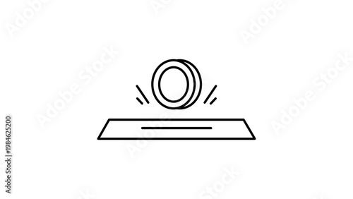 Minimalist black line vector icon illustration of a single coin being dropped into a slot, representing payment, donation, or savings, isolated on a white background for clean graphic design.