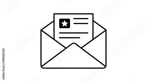Minimalist black line vector icon of an open envelope with a newsletter document inside featuring a star symbol, representing email marketing, digital communication, and online subscriptions.