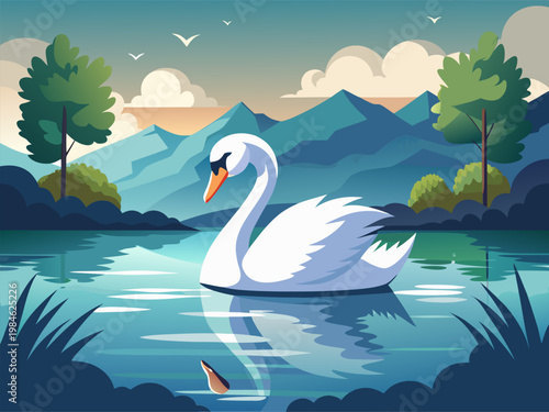 Swan gliding across reflective lake with mountain background
