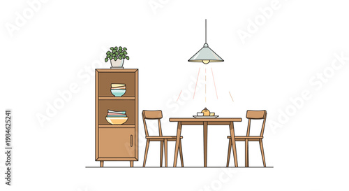 Cozy dining area interior displays a rectangular wooden table, two chairs, and a wooden cabinet with open shelves, softly illuminated by a modern pendant lamp.