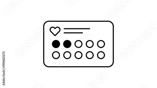 Minimalist black line vector icon illustration of a loyalty card on a white background, featuring a heart symbol and circular stamp slots for rewards and customer retention programs.