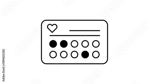 Minimalist black line vector icon illustration of a loyalty card on white background featuring a heart symbol and stamp circles for customer rewards, marketing, and business promotion.