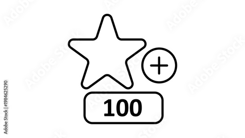 Minimalist black line vector icon illustration of a star with a plus sign and 100 points label, representing customer loyalty rewards, bonus achievements, and gamification for app UI design.