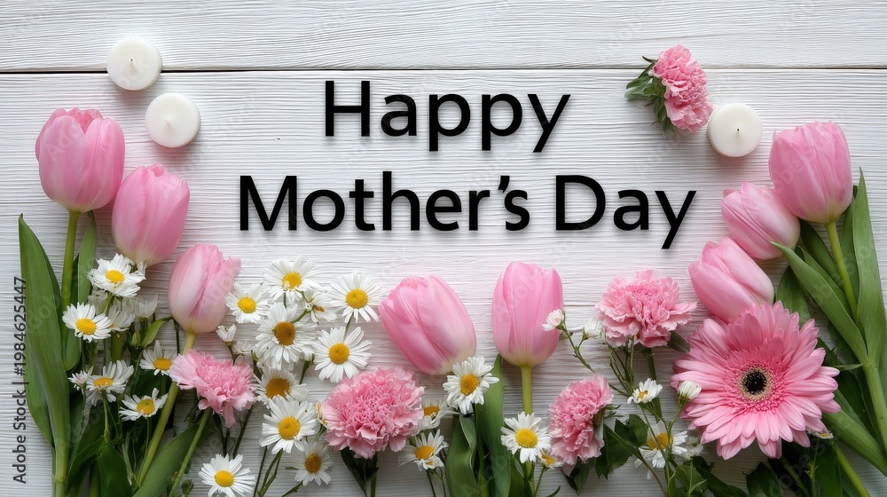 Naklejka premium A wide wooden table hosts pink tulips, daisies, and candles along with a gift box and a tag marking a special day for mothers
