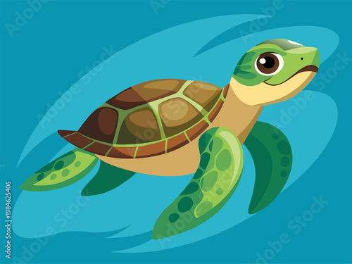Green sea turtle swimming through blue water background