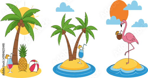 Tropical Island and Summer Vacation Icon Set with Palm Trees, Pineapple, Cocktails, and Flamingo for Beach, Holiday, and Relaxation Designs
