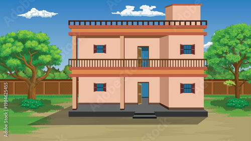 Grunge background illustrator a pink twostory house with a brown balcony and railing surrounded by green trees on a sunny day with blue sky