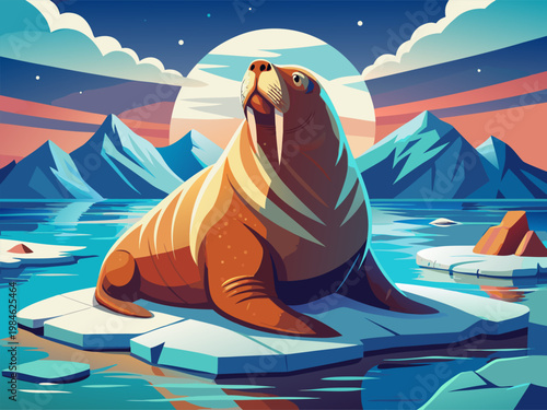 Walrus perched on ice floe at sunset with mountain range