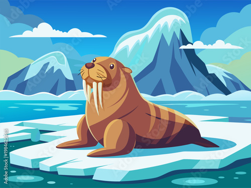 Walrus resting on ice floe near snowy mountain coastline