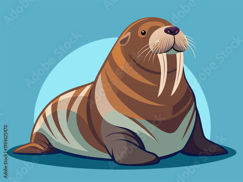 Walrus reclining with tusks visible on blue circular backdrop