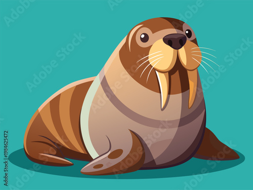 Walrus sitting facing viewer on teal studio background