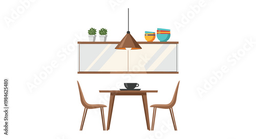 Minimalist dining area design features a rectangular wooden table, two chairs, and a wall-mounted cabinet with decorative bowls, illuminated by a geometric pendant lamp.