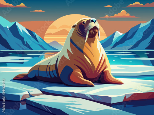 Walrus resting on ice floe with mountains and sunset