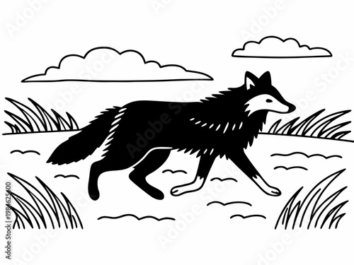 Wolf running across grassy field in black line illustration
