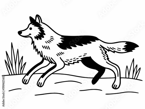 Canid trotting across grassy ground in black line illustration