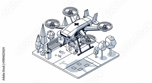 Isometric Medical Drone Delivering AED Defibrillator Kit to Park, Emergency Rescue UAV Technology for Healthcare and Smart City Solutions Illustration