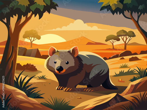 Wombat foraging on open scrubland during warm evening light