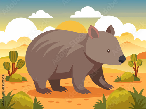 Wombat walking across dry scrubland during warm sunset