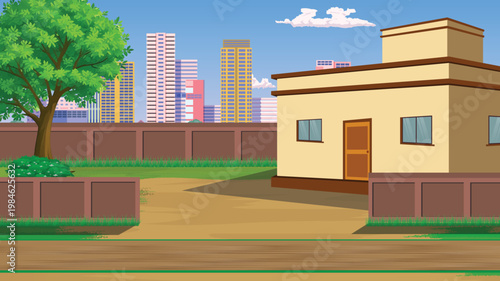 Grunge background illustrator a vibrant cartoon illustration of a small house with a city skyline in the background and a tree in the yard