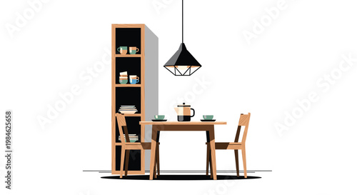 Modern dining area displays a rectangular wooden table, two chairs, and a tall black open bookshelf, all illuminated by a striking black geometric pendant lamp.